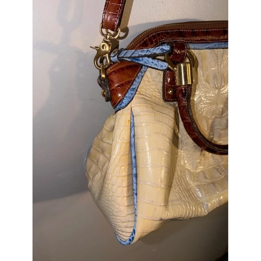 Brahmin Tri-Color Croc Embossed Leather Satchel Crossbody Bag Cream Brown Blue